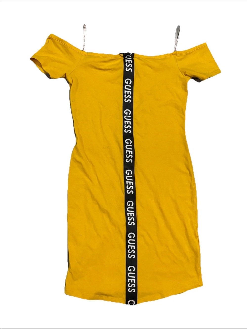 GUESS Yellow Off-Shoulder Logo-Trim Dress full front zip